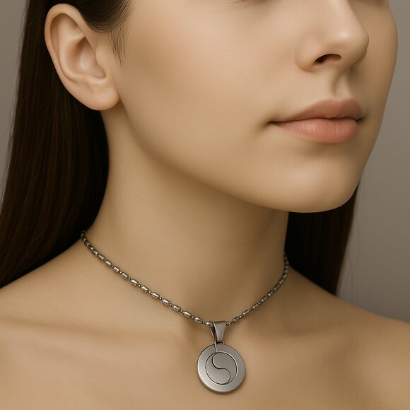 Unisex Stainless Steel Yin-Yang Pendant Necklace, Earrings & Size 7 Ring Set - Picture 1 of 8